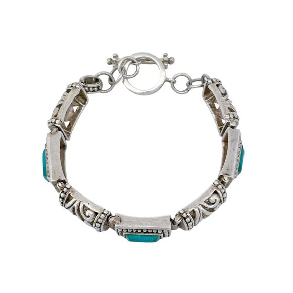 Vintage Sterling Silver 925 Scrollwork Blue Magnesite Link Bracelet 7.25" - Picture 2 of 7